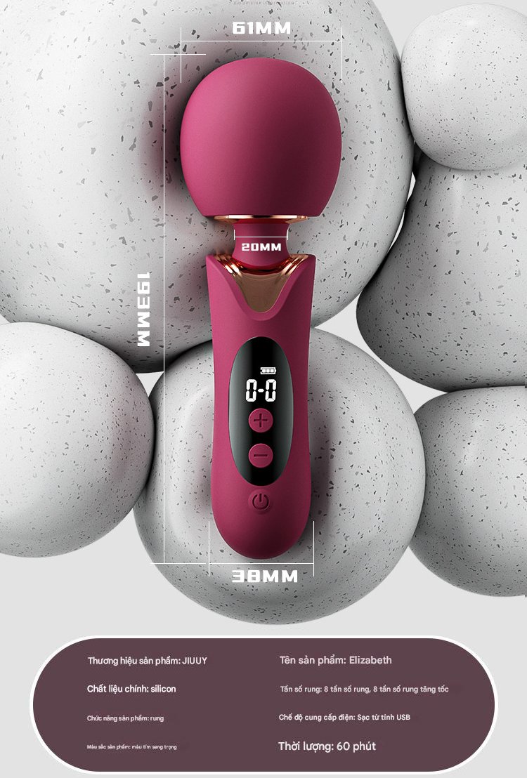 Chày rung mini Elizabeth – Đầu rung to mạnh mẽ, màn hình LCD, 8 chế độ rung